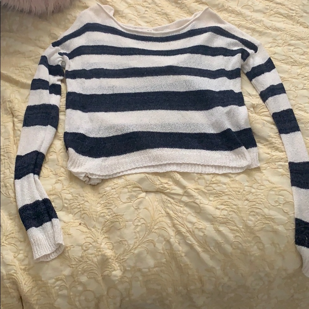 Off the shoulder blue and white stripped sweater